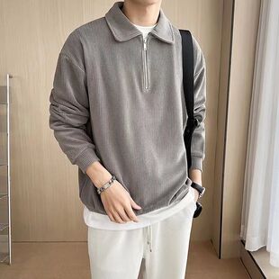 美式复古半拉链polo领针织衫男cleanfit藏青色毛衣外套潮牌高级感