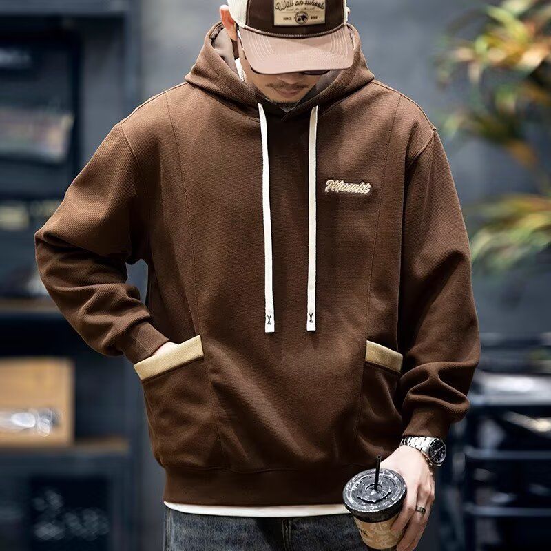 美式休闲拼色口袋长袖男士卫衣秋季新款简约刺绣宽松重磅连帽外套