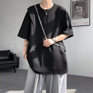 高街t恤短袖 半袖 男款 潮牌潮流宽松大码 男生上衣 夏季 活页剪裁美式