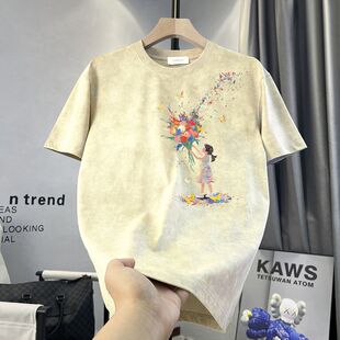 2025扎染重磅短袖T恤男女款夏季美式潮流印花宽松圆领五分袖上衣