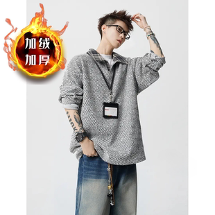 格子斑马纹polo衫男春秋潮牌美式重磅衣服青少年秋冬加绒长袖t恤