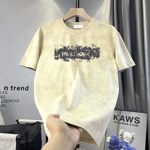 2025夏季新款短袖T恤男潮流印花内搭打底衫港风男生水洗圆领上衣