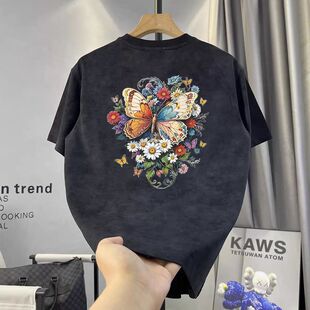 扎染做旧圆领短袖t恤蝴蝶国潮印花宽松五分袖2025新款半袖男女款