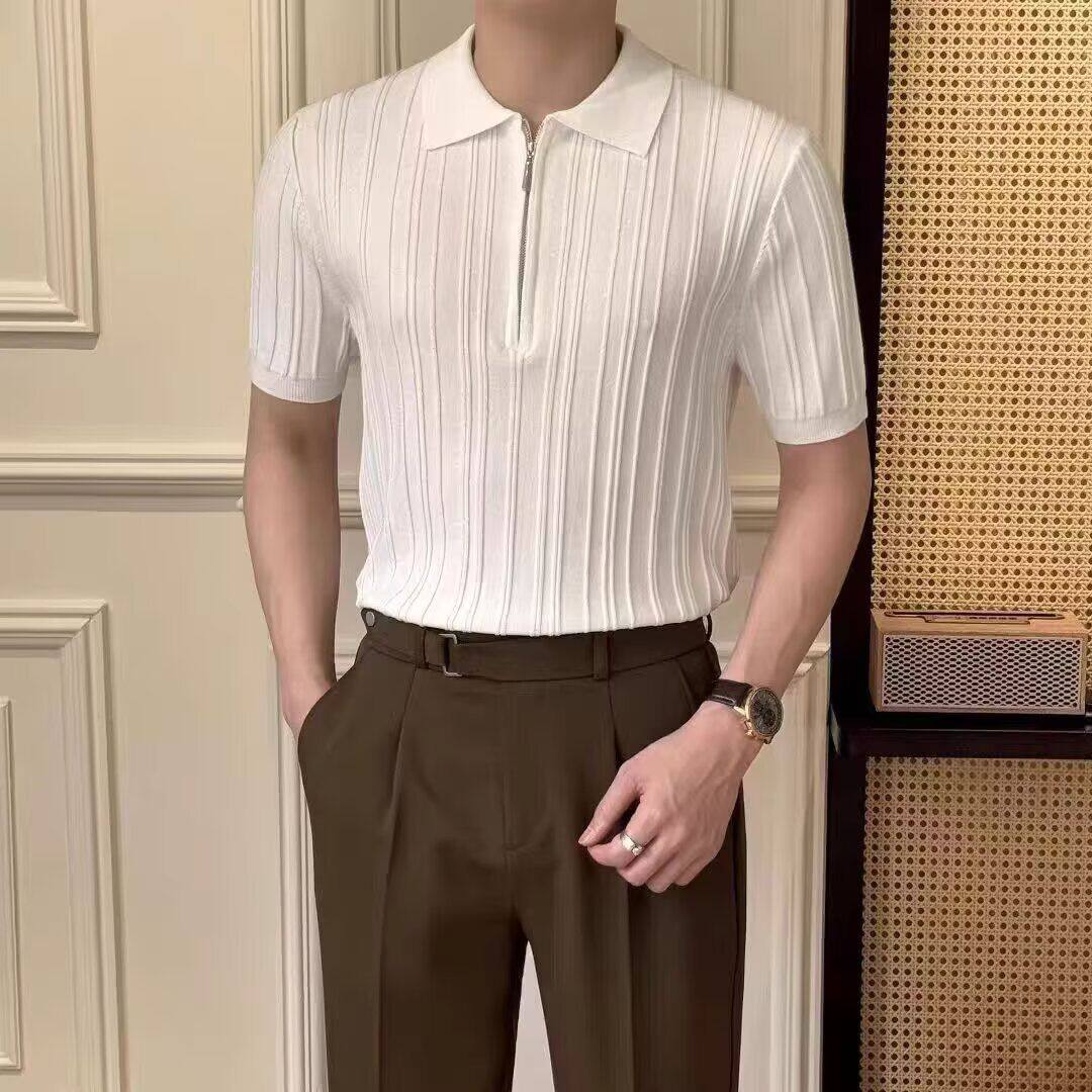 欧货丝光棉冰丝针织polo衫男凉感透气修身短袖卫衣翻领工装保罗衫