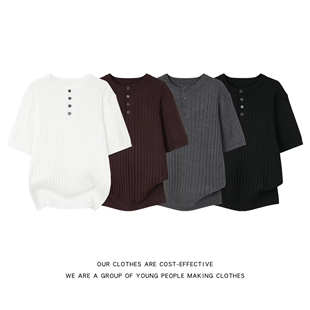 潮牌美式 肌理感T恤男短袖 高级感重磅亨利领半袖 薄款 休闲体恤 夏季