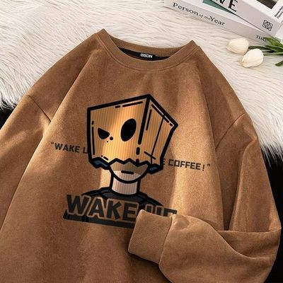 卫衣男款秋冬季薄款圆领重磅无帽上衣2025新款美式复古青少年外套