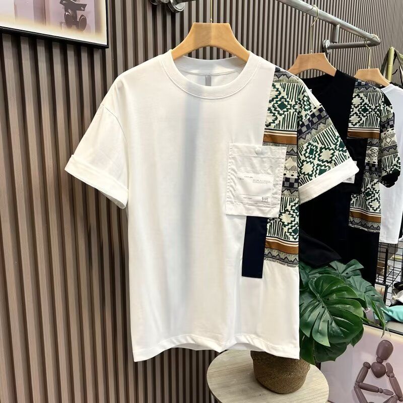 美式休闲小众设计感短袖男装夏季拼接撞色高级感宽松insT恤男半袖