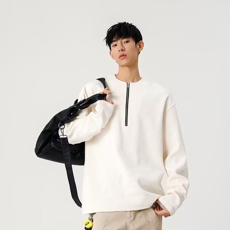 坑条肌理感半拉链卫衣男士2025春季新款重磅长袖t恤潮牌宽松外套