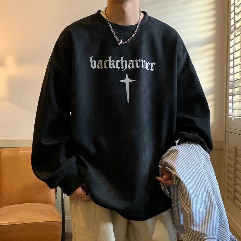 麂皮绒卫衣男圆领美式复古高街青少年高中生春季衣服长袖T恤宽松