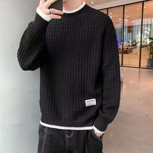 圆领毛衣男潮牌痞帅修身黑色内搭线衣2025新款冬季加厚针织打底衫