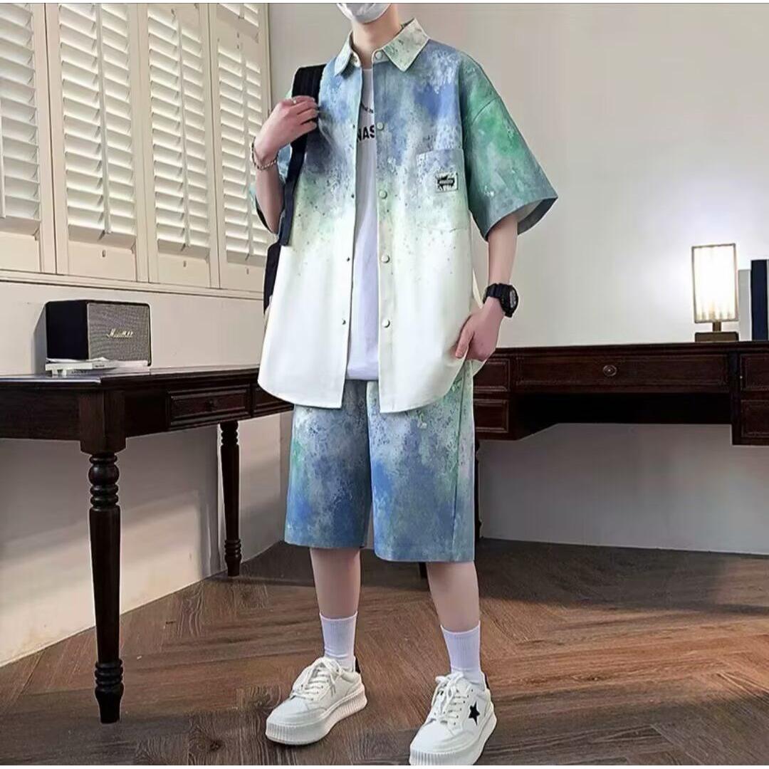 渐变衬衫套装男士夏季新款高级感印花冰丝短袖短裤两件套帅气夏装