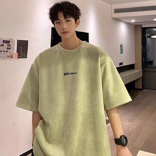 浅绿色短袖男夏季美式高街仿麂皮绒t恤上衣潮牌重磅宽松半袖体恤