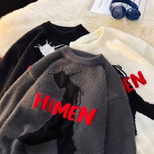 男款毛衣2025个性人像字母秋冬小众宽松圆领网红针织衫保暖打底衫