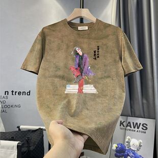 夏季脏脏扎染潮牌圆领短袖男士美式重磅时尚个性百搭宽松休闲T恤