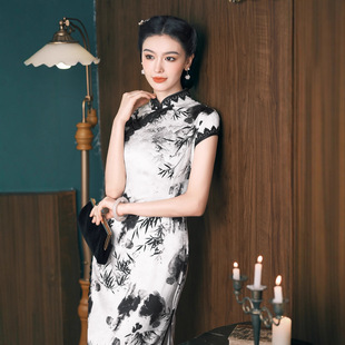 唐之恋新款水墨画真丝旗袍气质优雅高端走秀长款白色国风夏季2023