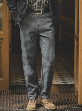 马登工装 美式复古HBT灰色牛仔裤直筒修身阿美咔叽条纹长裤子男秋