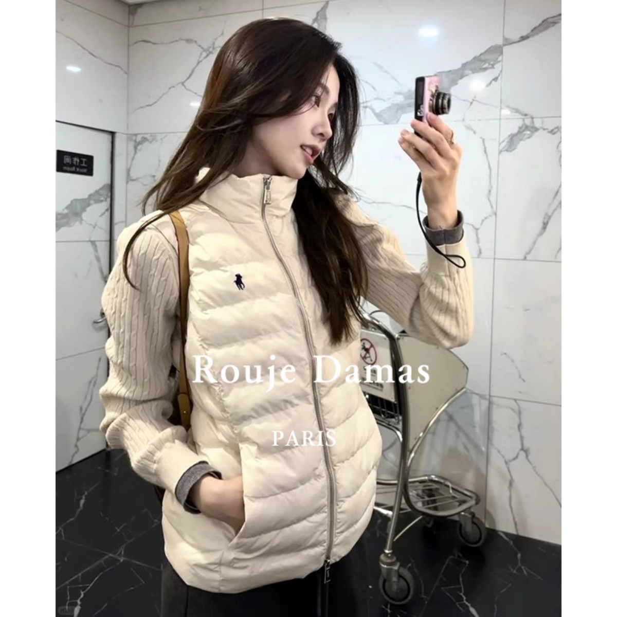 Rouje Damas新款薄款立领背心马甲羽绒服女2024冬针织毛衣两件套