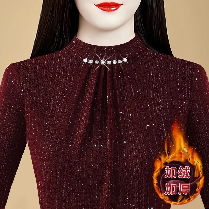 加厚网纱打底衫女士长袖加绒上衣新款t恤洋气内搭时尚高级感小衫