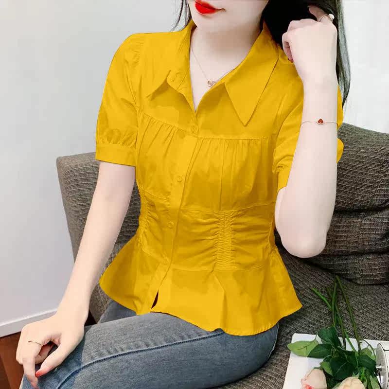 短袖衬衫女夏季2025年新款漂亮小衫收腰洋气小衫别致法式掐腰上衣