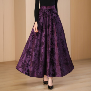 复古半身裙优雅秋冬长裙女秋裙花色妈妈裙子伞裙大摆垂感广场舞裙