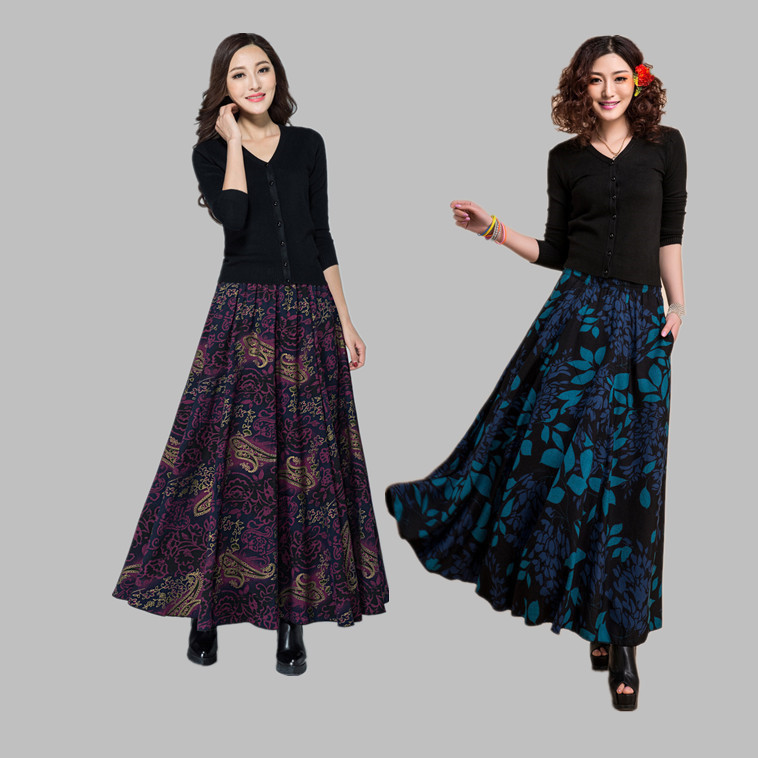秋冬半身裙大摆大码修身印花妈妈舞裙厚中老年冬裙中长款半截长裙