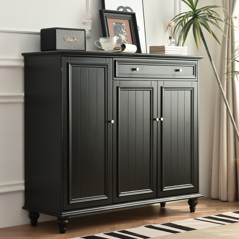 美式乡村鞋柜实木黑色轻奢两三门超薄玄关客厅家用门口小户型鞋架