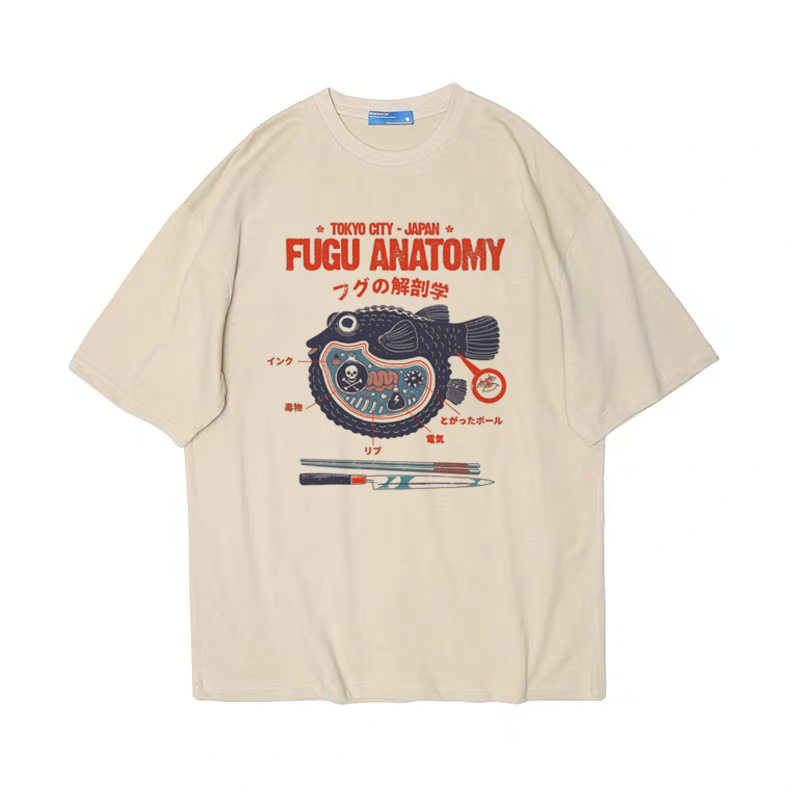 河豚解剖学 趣味日文印花美式复古vintage男女情侣纯棉T恤tshirt