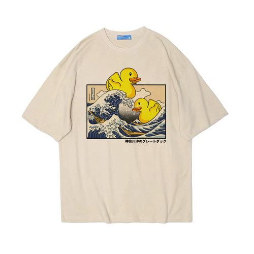 小黄鸭神奈川冲浪里美式古着印花复古vintage男女纯棉T恤teeshirt