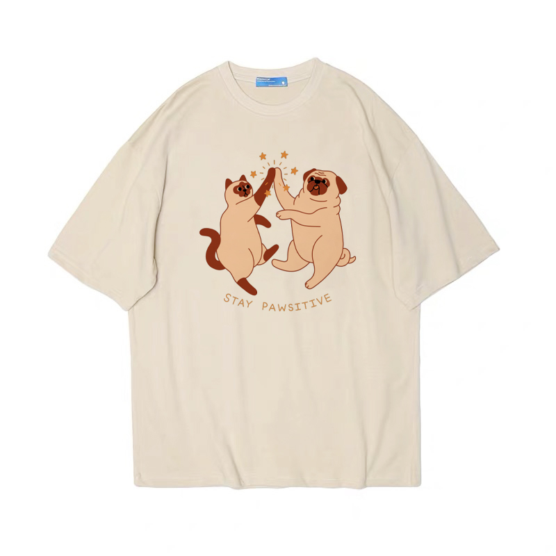 猫猫狗狗好朋友趣味复古vintage美式T恤男女宽松情侣纯棉短袖tee