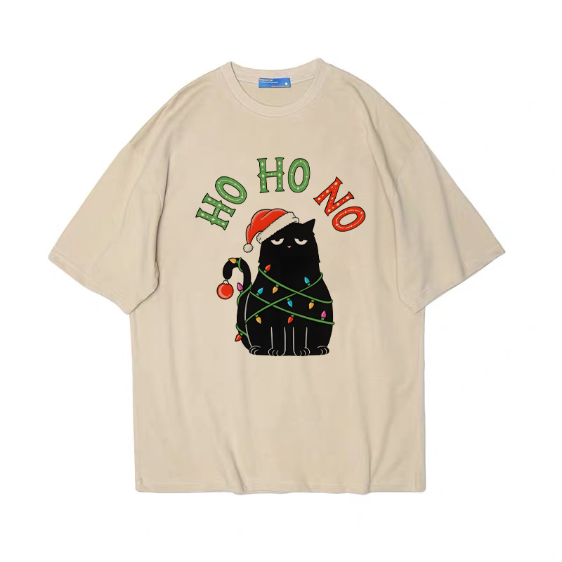 猫过圣诞趣味创意美式复古vintage男女宽松情侣纯棉短袖T恤tshirt