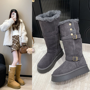 美拉德高筒两穿雪地靴女2025冬厚底长筒铆钉皮带扣加绒保暖棉靴子