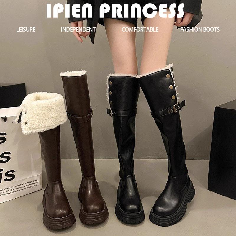 厚底过膝长筒靴加绒雪地靴女鞋2025新款冬季棉鞋高筒翻折骑士长靴