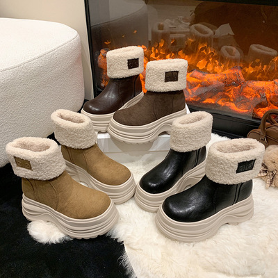 【梵芙娜】羊羔毛翻边雪地靴女2025冬季新款厚底松糕东北保暖棉靴