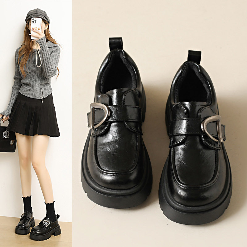 软皮厚底乐福鞋女2025秋冬新款厚底英伦风覆古防滑jk小皮鞋单鞋潮