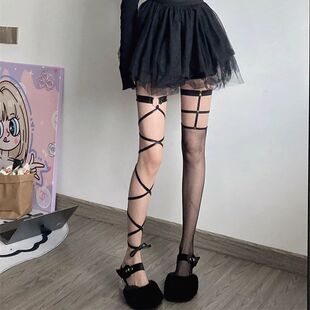 暗黑性感大腿绑带腿环jk高筒袜甜酷辣妹铆钉渔网过膝袜y2k朋克风