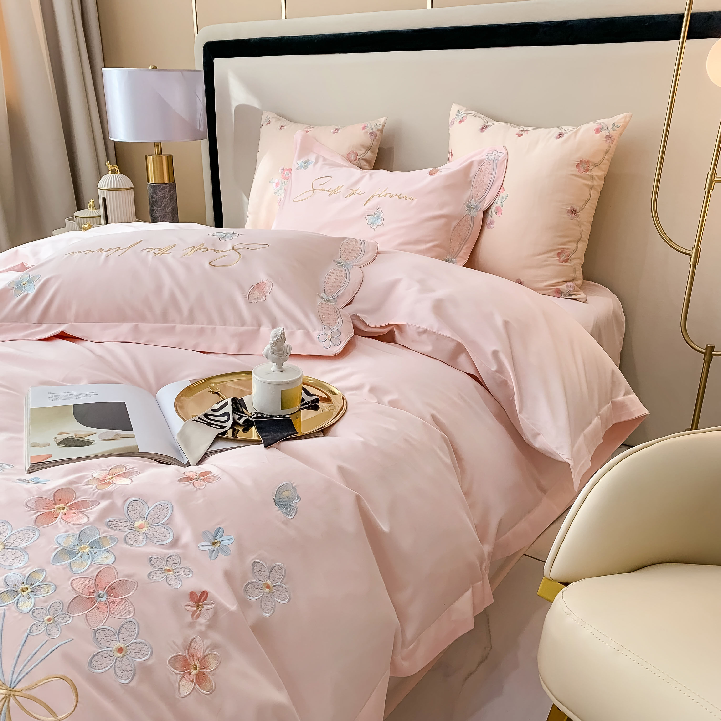 120 LONG-STAPLE COTTON PINK SMALL FRESH WEDDING FOUR-PIECE SET OF COTTON COTTON BUTTERFLY EMBROIDERY WEDDING BEDDING