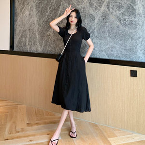 RM13143#韩版方领泡泡袖收腰显瘦仙女裙法式小众中长款连衣裙