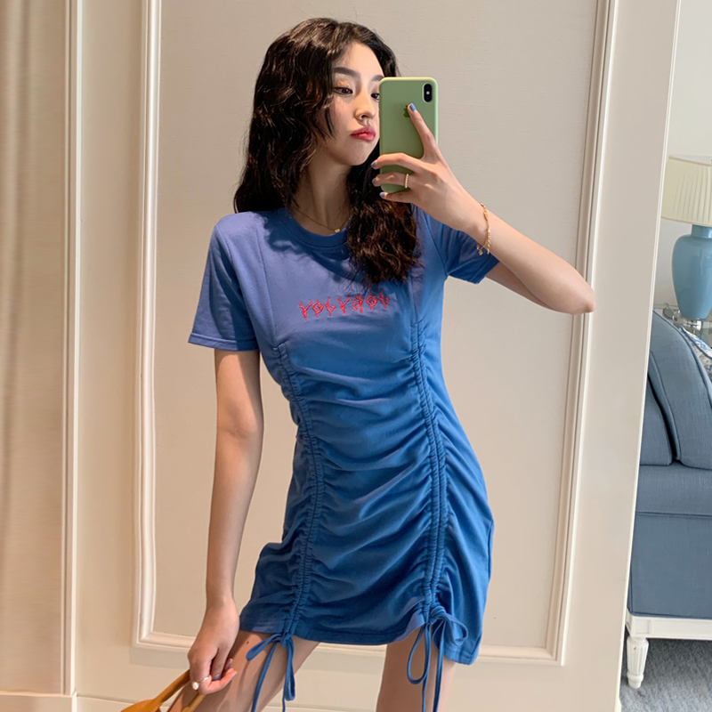 Real price Korean women's blue drawstring sexy long skirt design small tea break skirt round neck dress