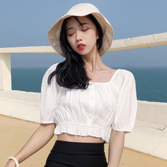 Real shot real price Korean version gentle style short sleeve top leakage clavicle fold temperament short white small shirt baby shirt