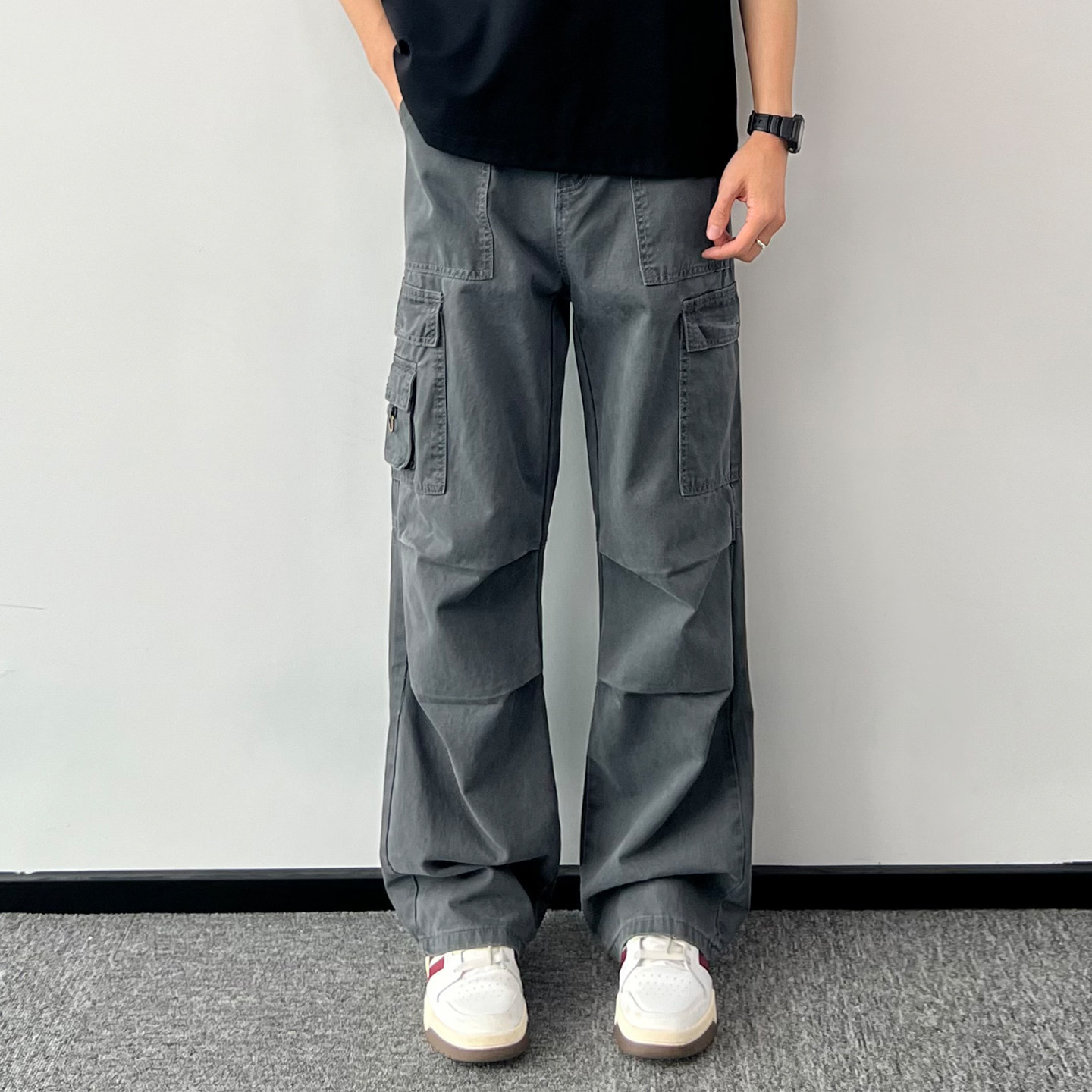 美式复古高街阔腿多口袋工装裤男棉质褶皱宽松直筒休闲长裤子潮