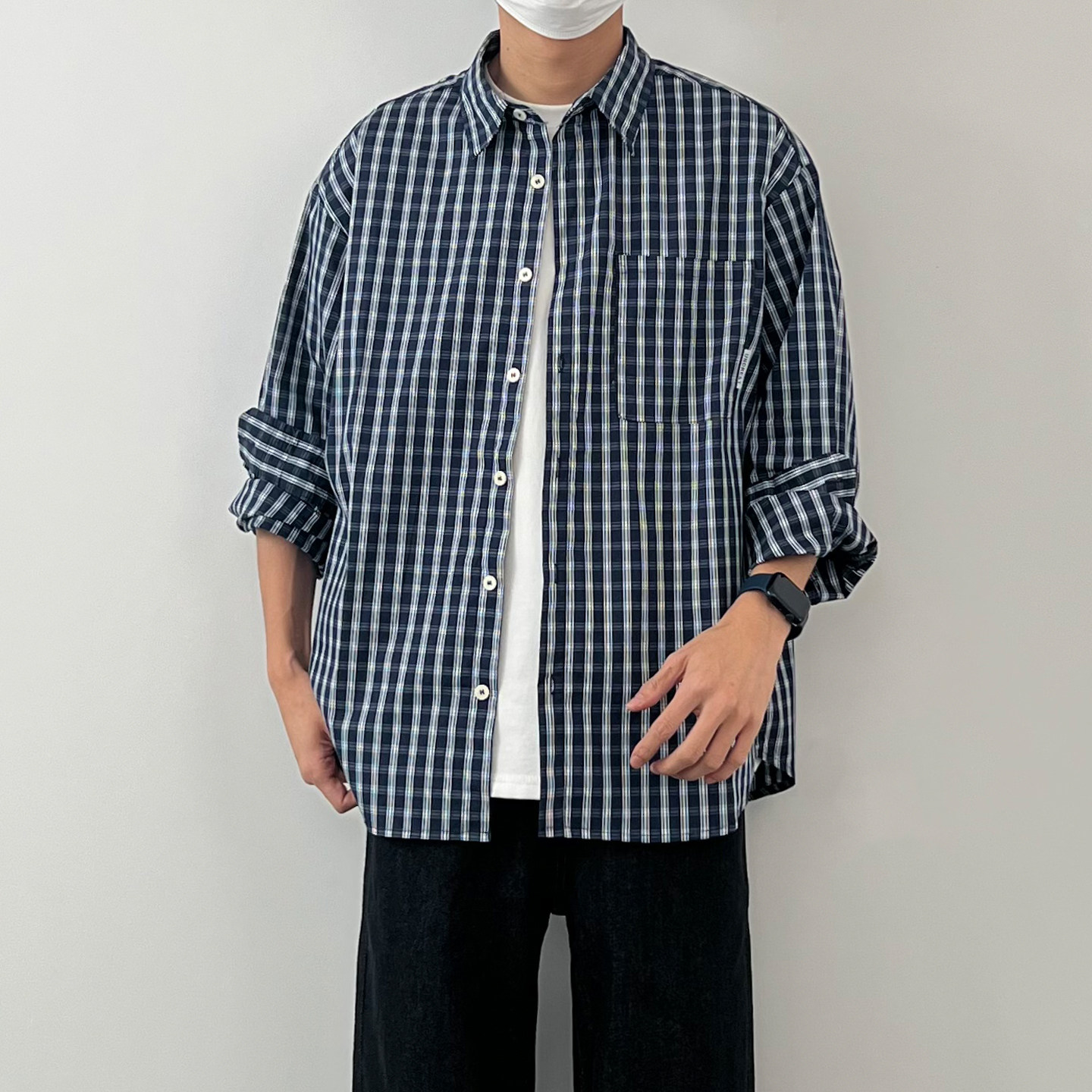 长袖格子衬衫男秋季新款简约复古宽松休闲帅气衬衣慵懒百搭外套潮