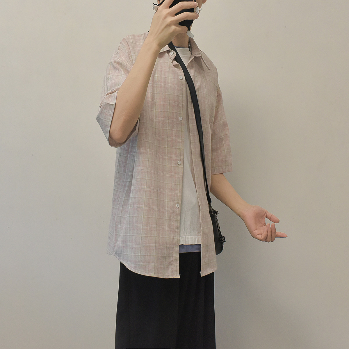 文艺小清新格子衬衫男五分中袖衬衣D312-KD579-P45,男装衬衫,电商D312
