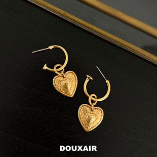爱心耳钉925银针法式复古DAIS/Y金色欧美风耳饰女中长款吊坠两戴