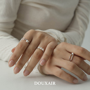 DOUXAIR实心纯银戒指施家小珍珠开口可调节指环时尚通勤百搭叠戴