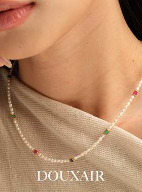 双12新品天然小米珍珠彩虹碧玺项链彩宝轻奢小众锁骨链简约时尚
