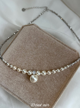 现货！碎银子项链施家正圆珍珠渐变串珠纯银强光锁骨链气质高级感
