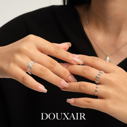 DouxAir蕾丝花边条纹戒指银色微镶锆开口排钻叠戴食指戒满天星
