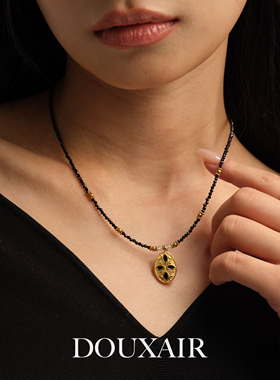 DouxAir天然黑尖晶石项链椭圆叠戴毛衣链小众复古串珠锁骨链时髦