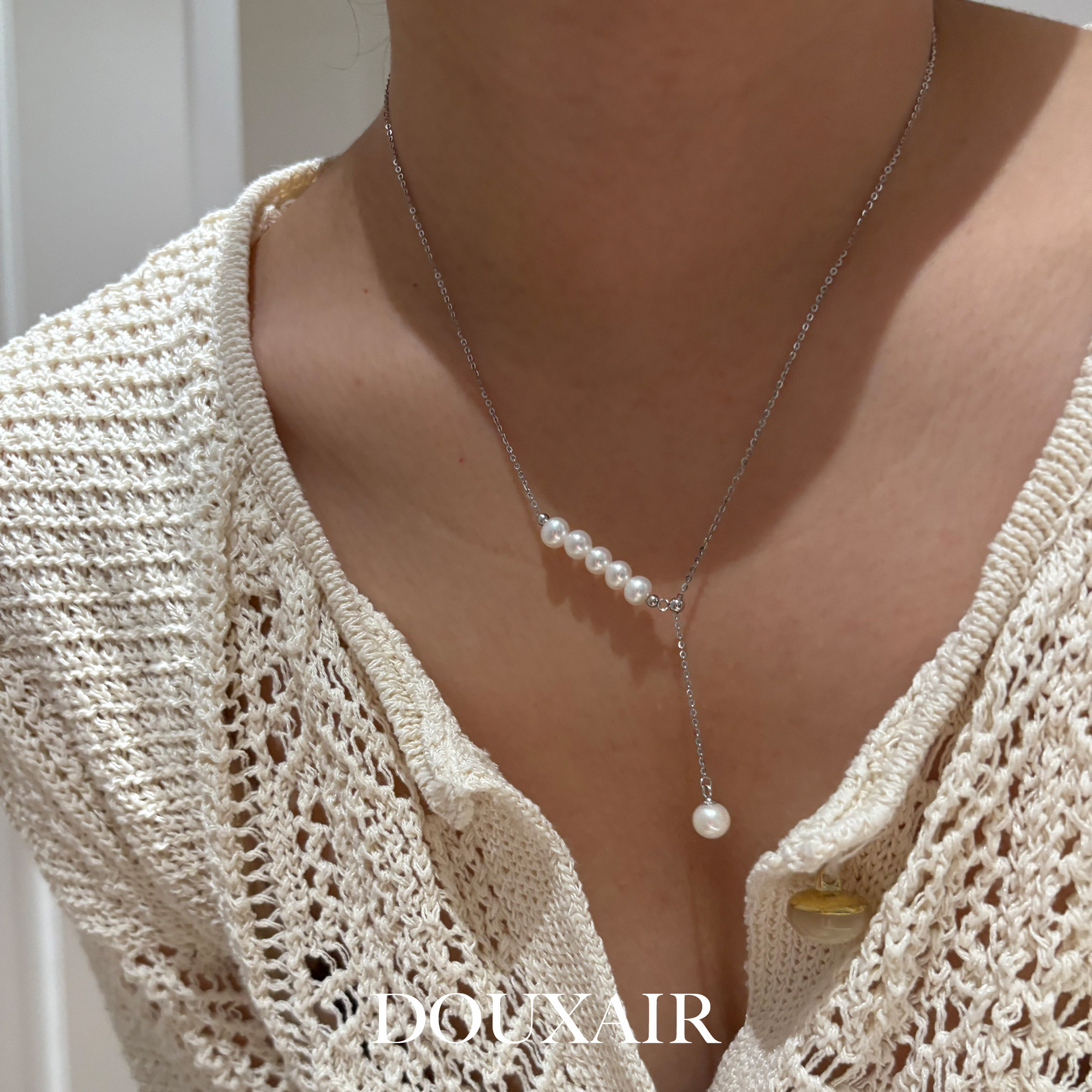 「天然淡水珍珠」纯银项链y字吊坠锁骨链女强光圆珠轻奢通勤百搭