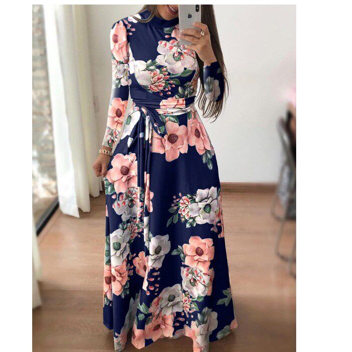 欧洲站2018秋冬新款休闲印花 时尚绑带长袖连衣裙 A long dress